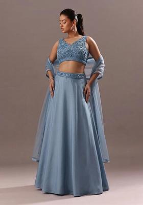 Dusty Blue Embroidered Handwork Lehenga Set