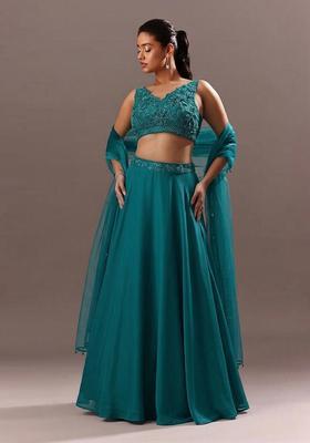 Teal Blue Embroidered Handwork Lehenga Set