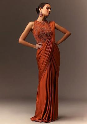 Copper Orange Embroidered Handwork Pre Draped Saree Set
