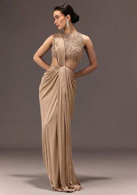 Warm Taupe Embroidered Handwork Pre Draped Saree Set