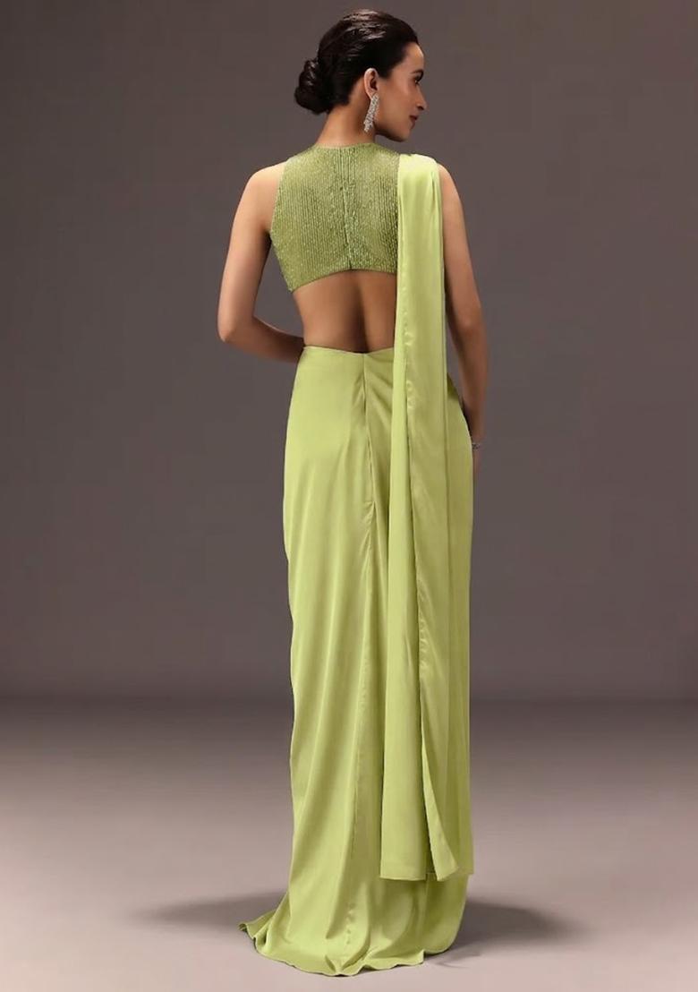 Mint Green Embroidered Handwork Pre Draped Saree Set - Indya