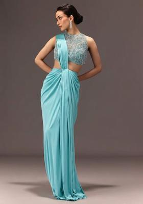 Sky Blue Embroidered Handwork Pre Draped Saree Set