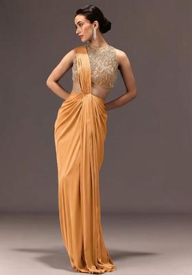 Mustard Gold Embroidered Handwork Pre Draped Saree Set
