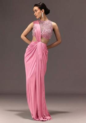 Rose Pink Embroidered Handwork Pre Draped Saree Set