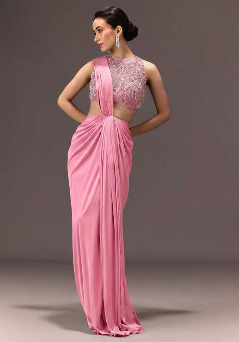 Rose Pink Embroidered Handwork Pre Draped Saree Set