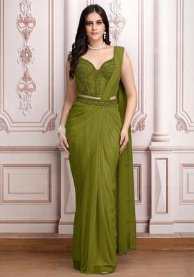 Olive Green Embroidered Handwork Pre Draped Saree Set