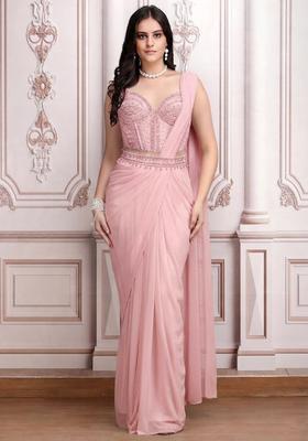 Blush Pink Embroidered Handwork Pre Draped Saree Set
