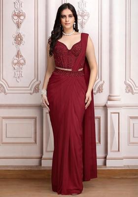 Maroon Embroidered Handwork Pre Draped Saree Set