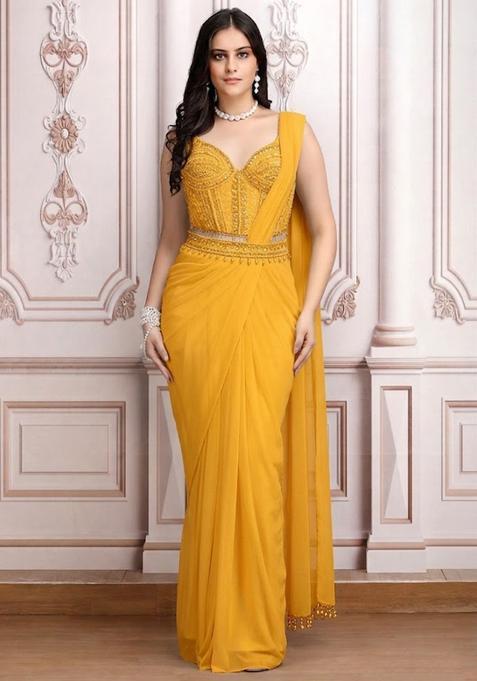 Yellow Embroidered Handwork Pre Draped Saree Set