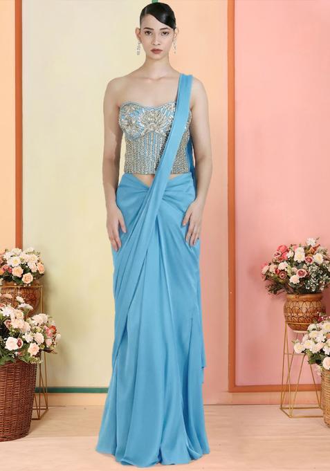 Cerulean Blue Embroidered Handwork Pre Draped Saree Set