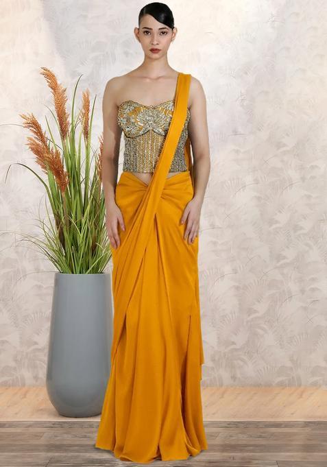 Mustard Yellow Embroidered Handwork Pre Draped Saree Set