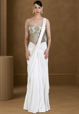 White Embroidered Handwork Pre Draped Saree Set