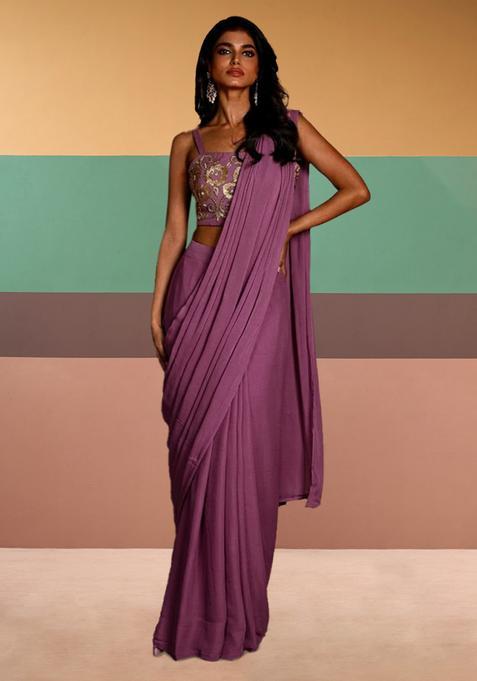 Pink Embroidered Handwork Pre Draped Saree Set