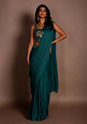 Teal Blue Embroidered Handwork Pre Draped Saree Set