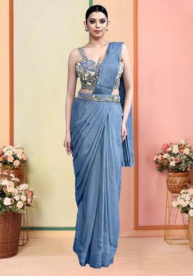 Steel Blue Grey Embroidered Handwork Pre Draped Saree Set