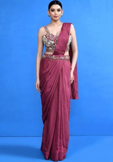 Pink Embroidered Handwork Pre Draped Saree Set