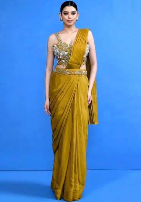 Mustard Yellow Embroidered Handwork Pre Draped Saree Set