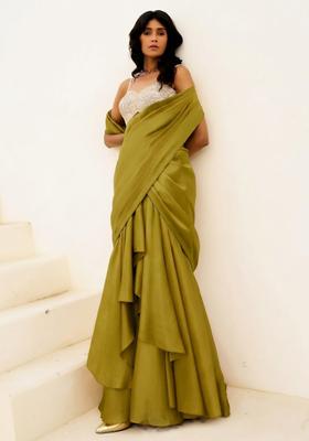 Lime Green Embroidered Handwork Pre Draped Saree Set