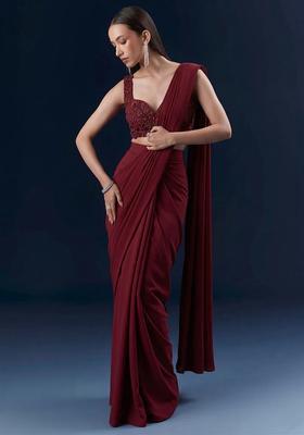 Maroon Embroidered Handwork Pre Draped Saree Set