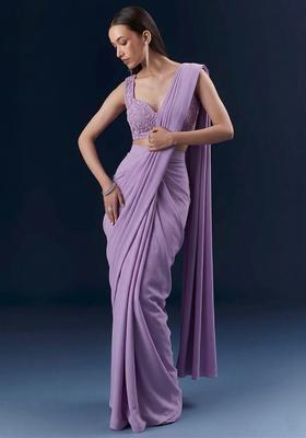 Lavender Embroidered Handwork Pre Draped Saree Set