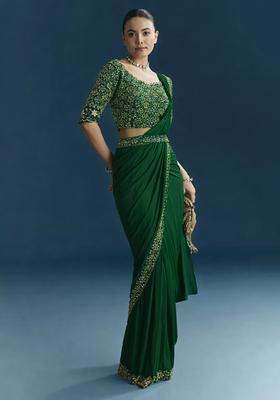 Emarald Green Embroidered Handwork Pre Draped Saree Set