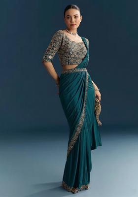 Teal Blue Embroidered Handwork Pre Draped Saree Set