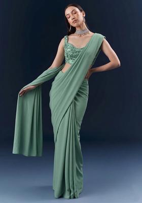 Sage Green Embroidered Handwork Pre Draped Saree Set