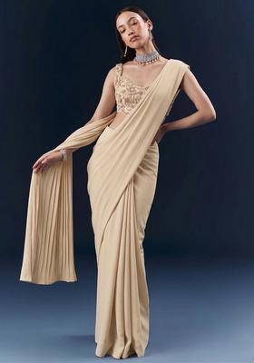 Beige Embroidered Handwork Pre Draped Saree Set