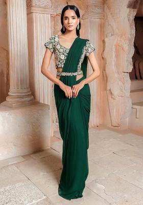 Bottle Green Embroidered Handwork Pre Draped Saree Set