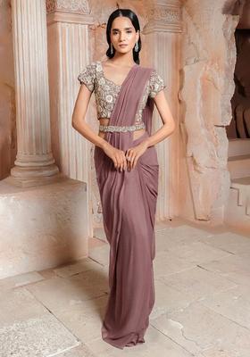 Dusty Rose Embroidered Handwork Pre Draped Saree Set