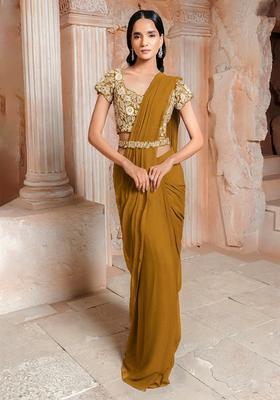Mustard Yellow Embroidered Handwork Pre Draped Saree Set