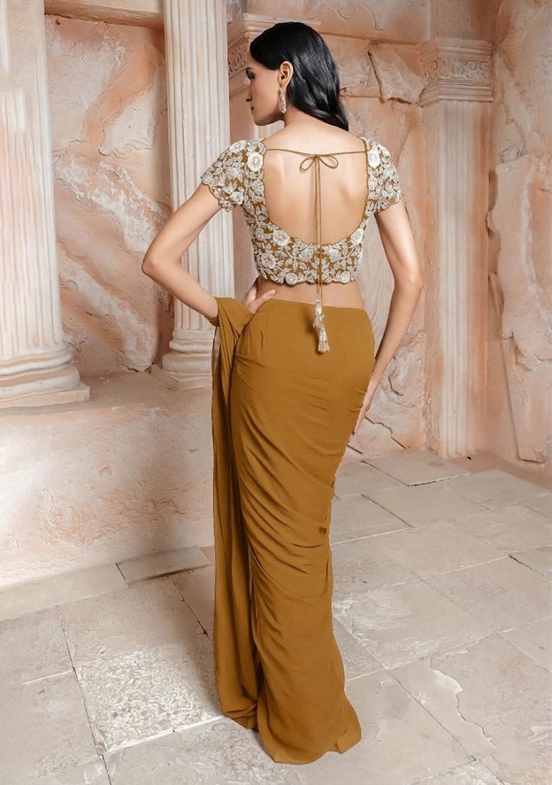 Mustard Yellow Embroidered Handwork Pre Draped Saree Set - Indya