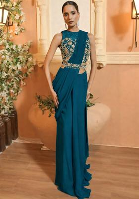 Teal Green Embroidered Handwork Pre Draped Saree Set