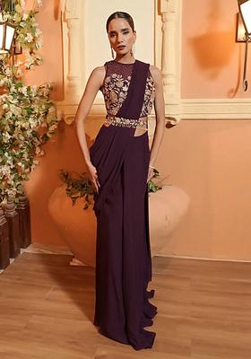 Deep Wine Embroidered Handwork Pre Draped Saree Set