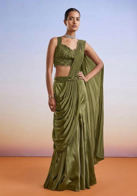 Olive Green Embroidered Handwork Pre Draped Saree Set