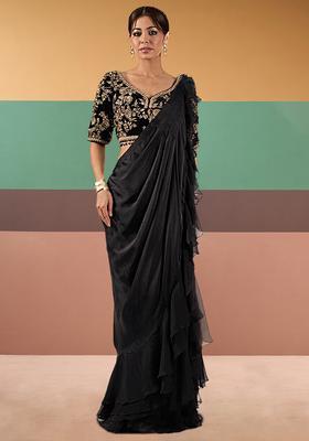 Jet Black Embroidered Handwork Pre Draped Saree Set