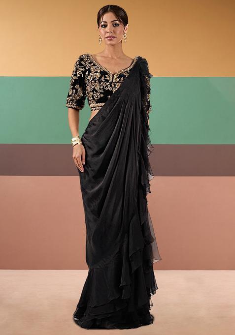 Jet Black Embroidered Handwork Pre Draped Saree Set