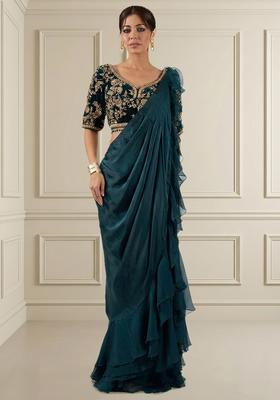 Teal Blue Embroidered Handwork Pre Draped Saree Set