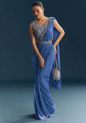 Steel Blue Embroidered Handwork Pre Draped Saree Set