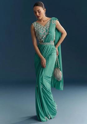 Aqua Blue Embroidered Handwork Pre Draped Saree Set