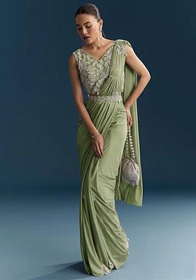 Sage Green Embroidered Handwork Pre Draped Saree Set