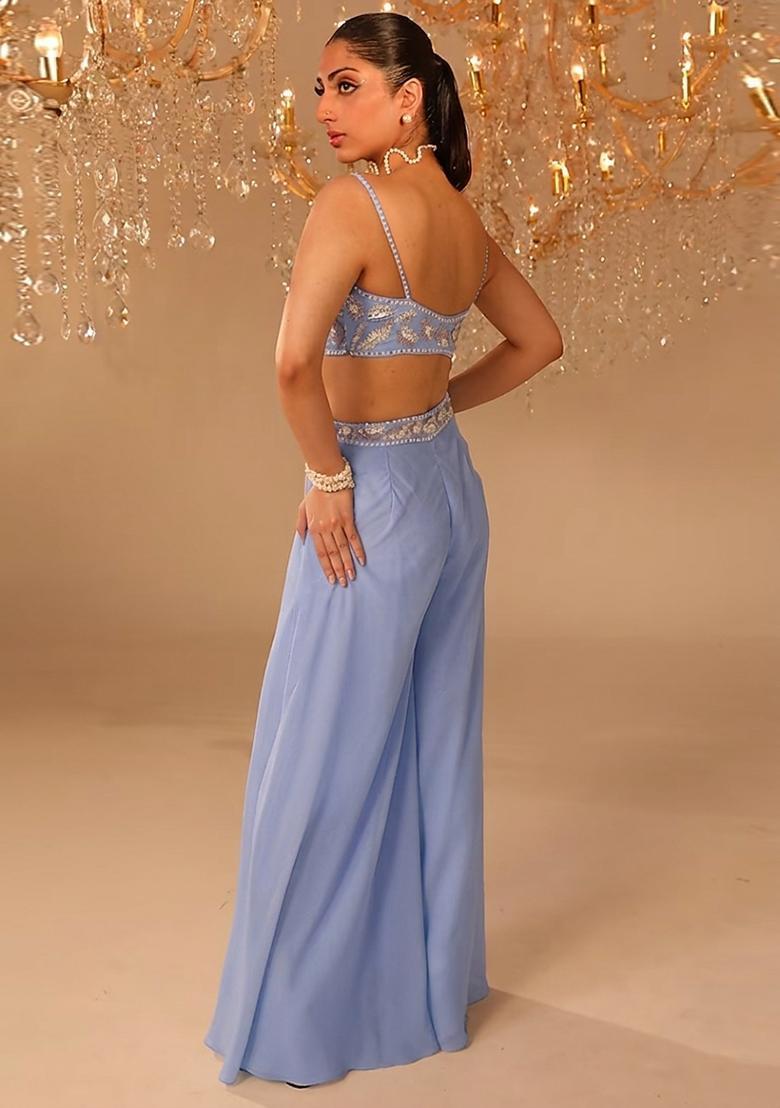 Powder Blue Embroidered Handwork Fusion Set - Indya