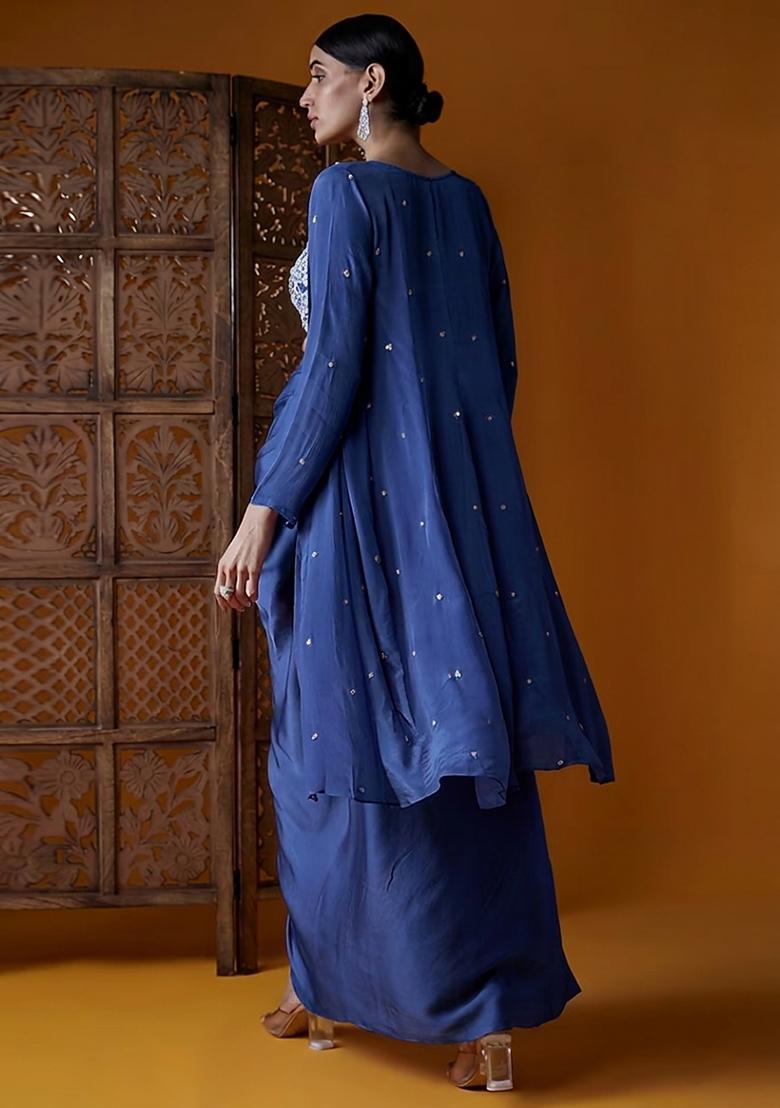 Dusty Blue Embroidered Handwork Fusion Set - Indya