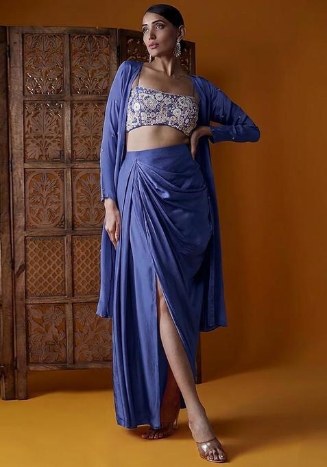 Dusty Blue Embroidered Handwork Fusion Set