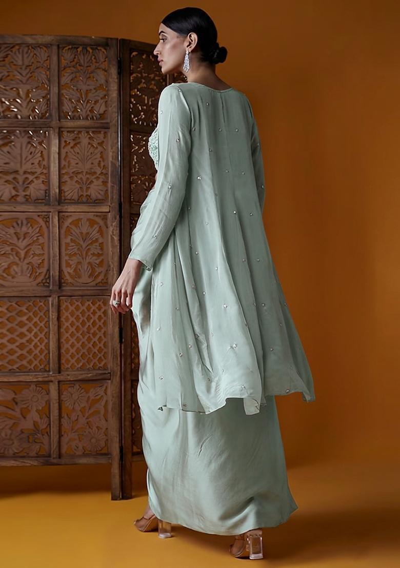 Pastel Blue Embroidered Handwork Fusion Set - Indya