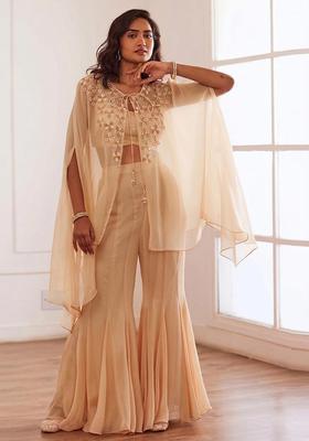 Beige Embroidered Handwork Fusion Set