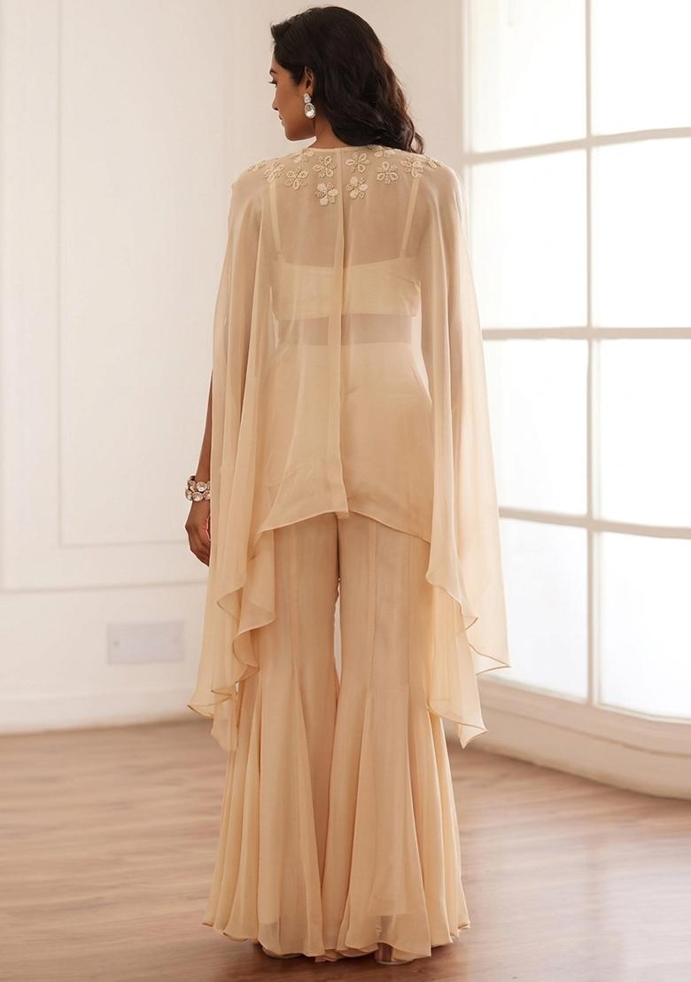 Beige Embroidered Handwork Fusion Set - Indya