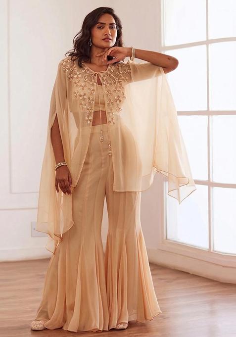 Beige Embroidered Handwork Fusion Set