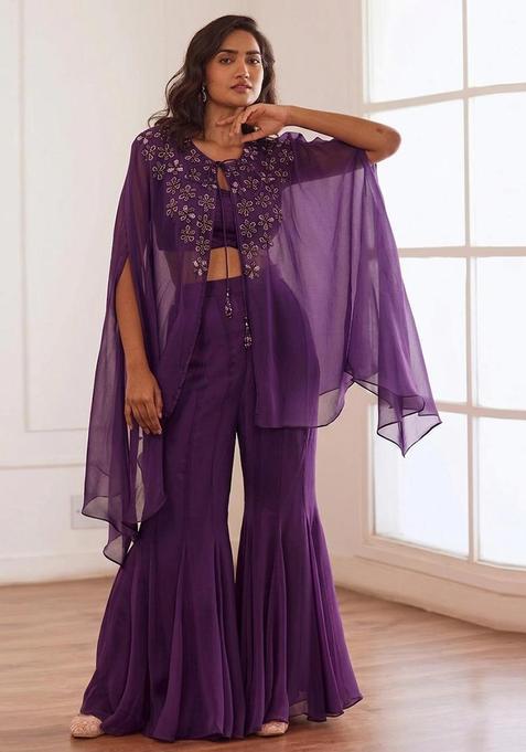 Purple Embroidered Handwork Fusion Set