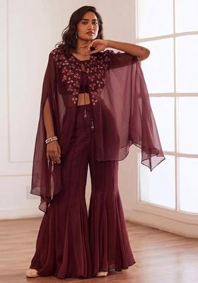 Wine Embroidered Handwork Fusion Set